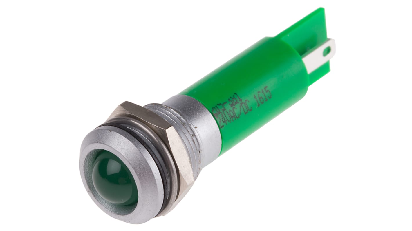 RS PRO Green Panel Mount Indicator, 24V ac/dc, 12mm Mounting Hole Size, Solder Tab Termination, IP67
