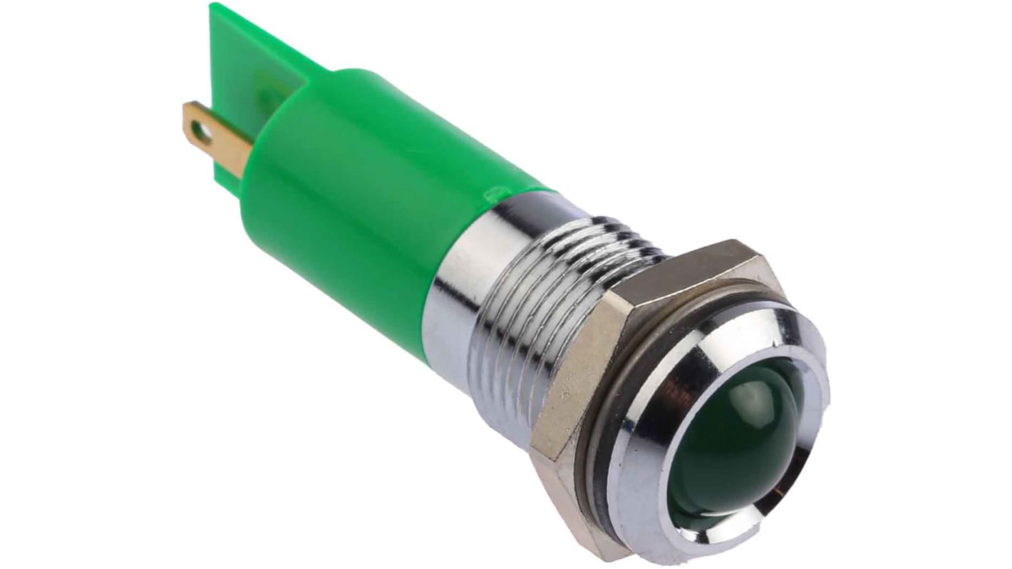 RS PRO 绿色LED面板指示灯, 24 → 36V 直流, 15 → 17mA, Φ14mm安装孔, 凸型边框, 铬色边框