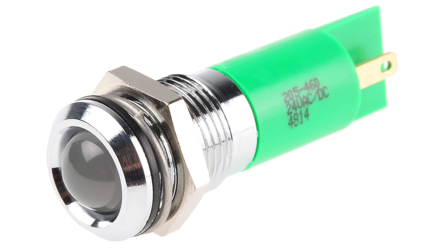 RS PRO 绿色LED面板指示灯, 24V 交流/直流, 20mA, Φ14mm安装孔, 焊片端接, 凸型边框, 铬色边框, IP67