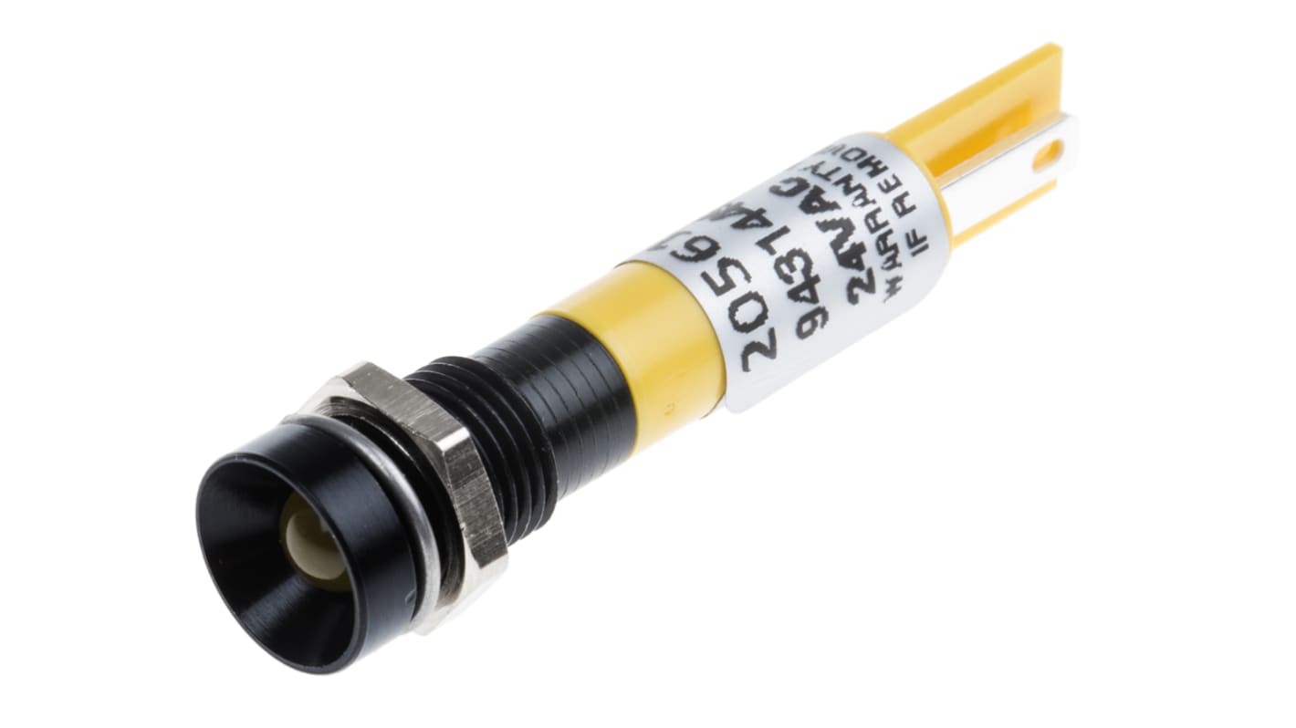 RS PRO 黄色LED面板指示灯, 24V 交流, 20mA, Φ8mm安装孔, 焊片端接, 凹入式边框, 黑色边框