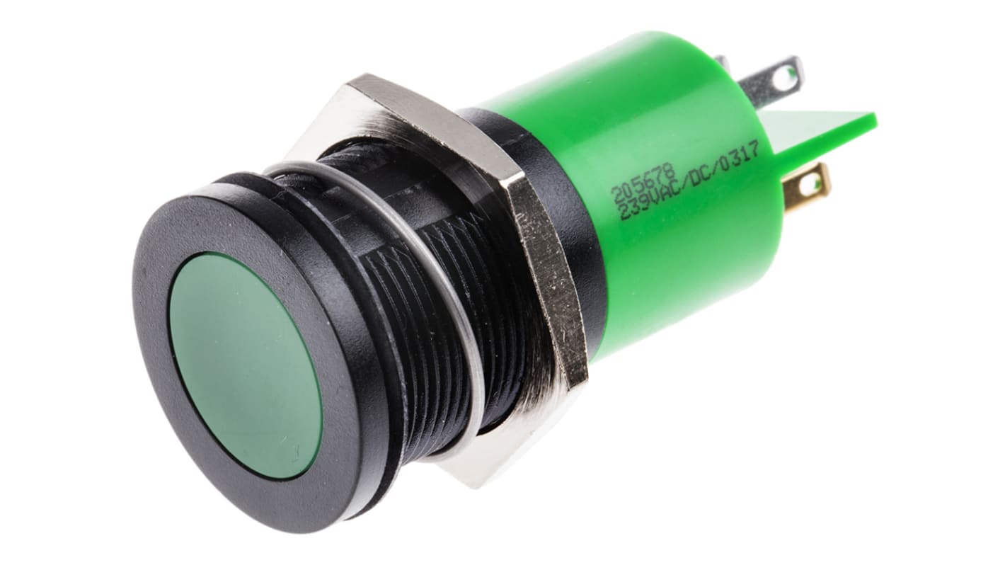 RS PRO Green Panel Mount Indicator, 230V ac, 22mm Mounting Hole Size, IP67