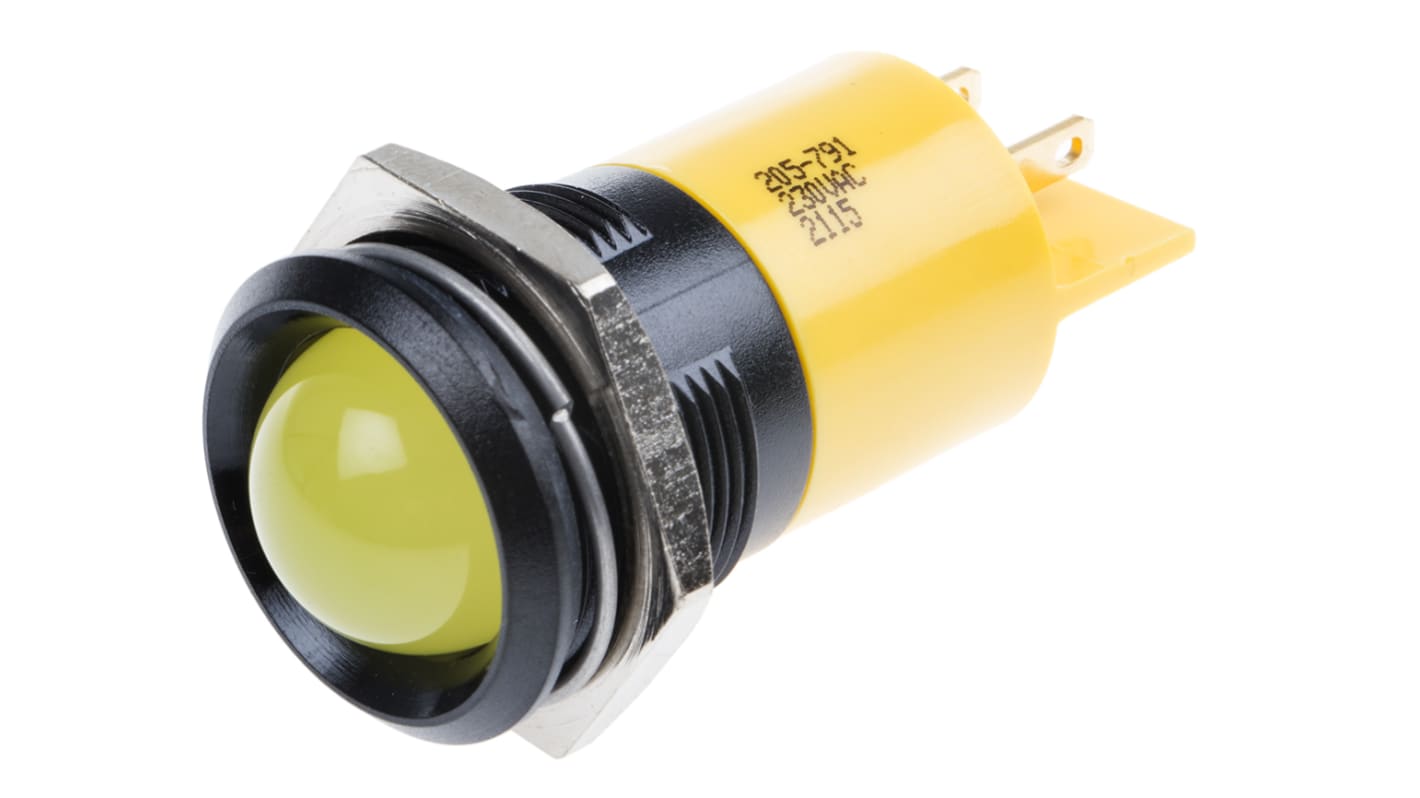 RS PRO Yellow Panel Mount Indicator, 230V ac, 22mm Mounting Hole Size, IP67