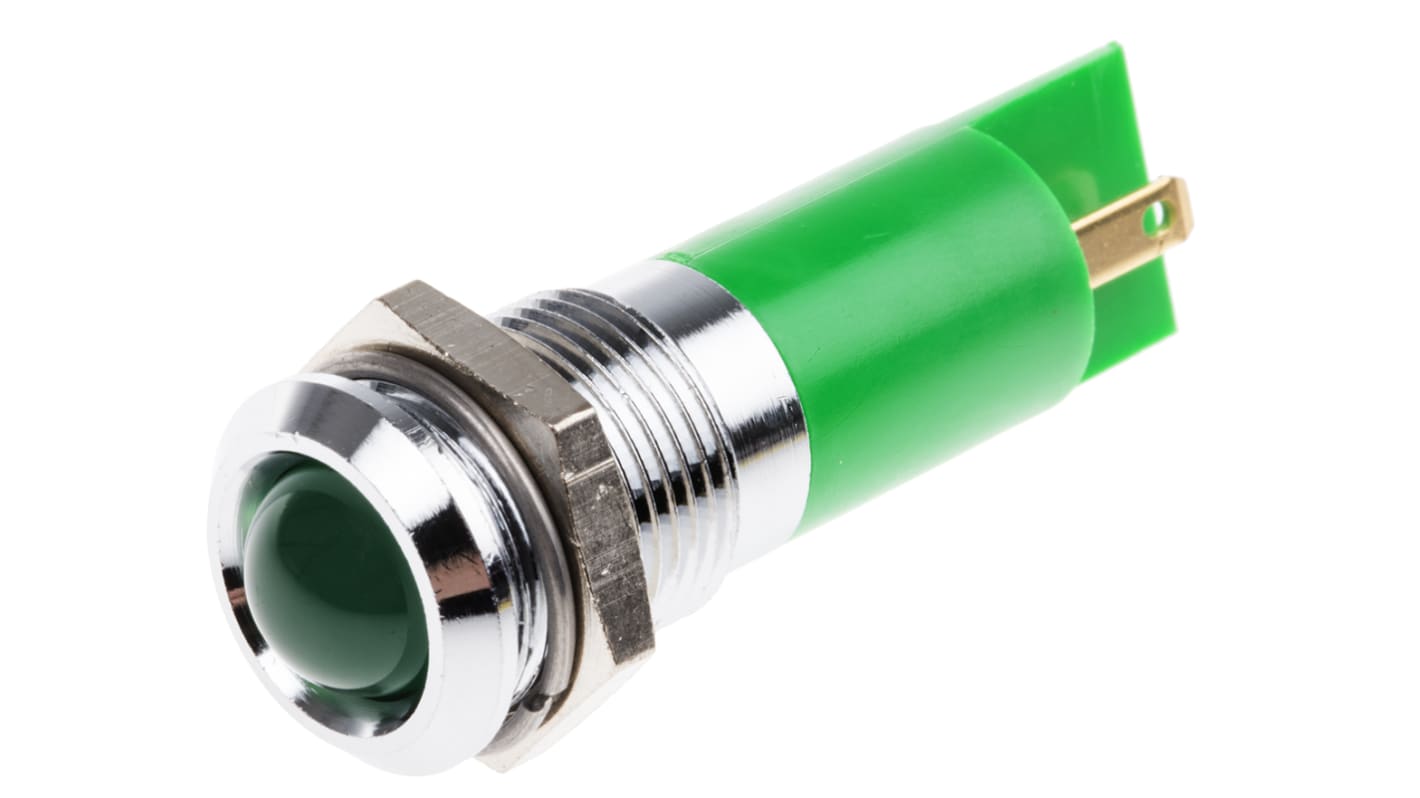 RS PRO 绿色LED面板指示灯, 12V 交流, 20mA, Φ14mm安装孔, 焊片端接, 凸型边框, 铬色边框