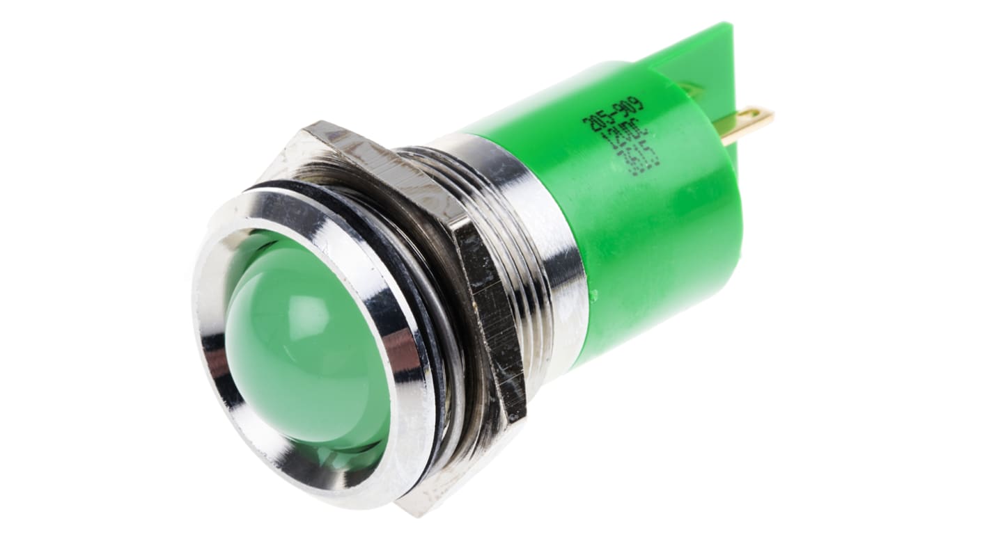 RS PRO Green Panel Mount Indicator, 12V dc, 22mm Mounting Hole Size, Solder Tab Termination