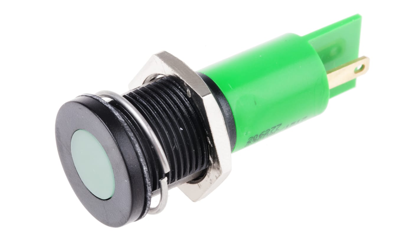 RS PRO Green Panel Mount Indicator, 230V ac, 16mm Mounting Hole Size, Solder Tab Termination, IP67