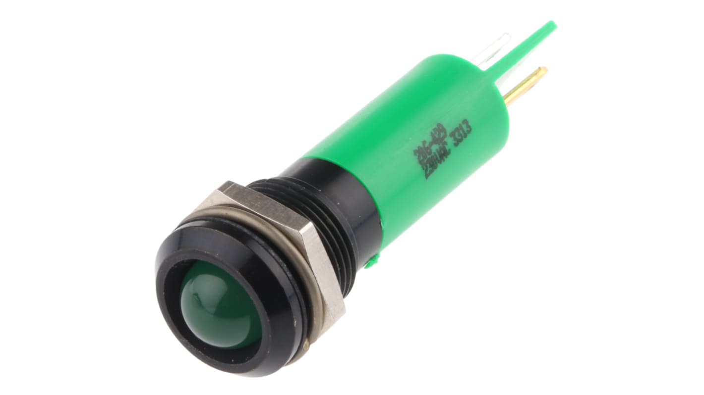 RS PRO 绿色LED面板指示灯, 230V 交流, 3mA, Φ12mm安装孔, 凸型边框, 黑色边框, IP67