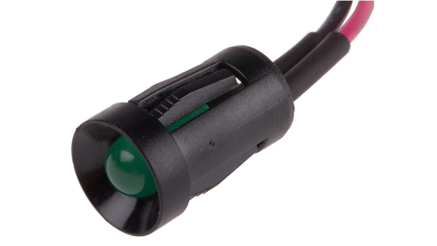 RS PRO Green Panel Mount Indicator, 2V dc, 8mm Mounting Hole Size, Lead Wires Termination