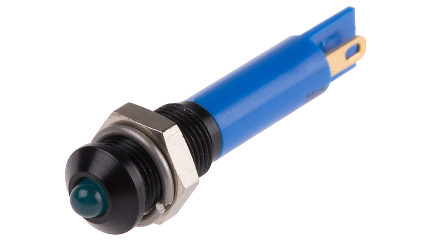 RS PRO 蓝色LED面板指示灯, 12V 直流, 20mA, Φ6mm安装孔, 焊片端接, 凸型边框, 黑色边框