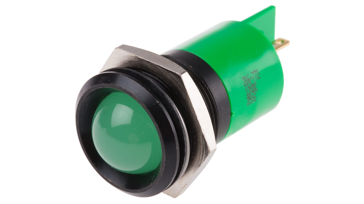 RS PRO 绿色LED面板指示灯, 12V 直流, 20mA, Φ22mm安装孔, 焊片端接, 凸型边框