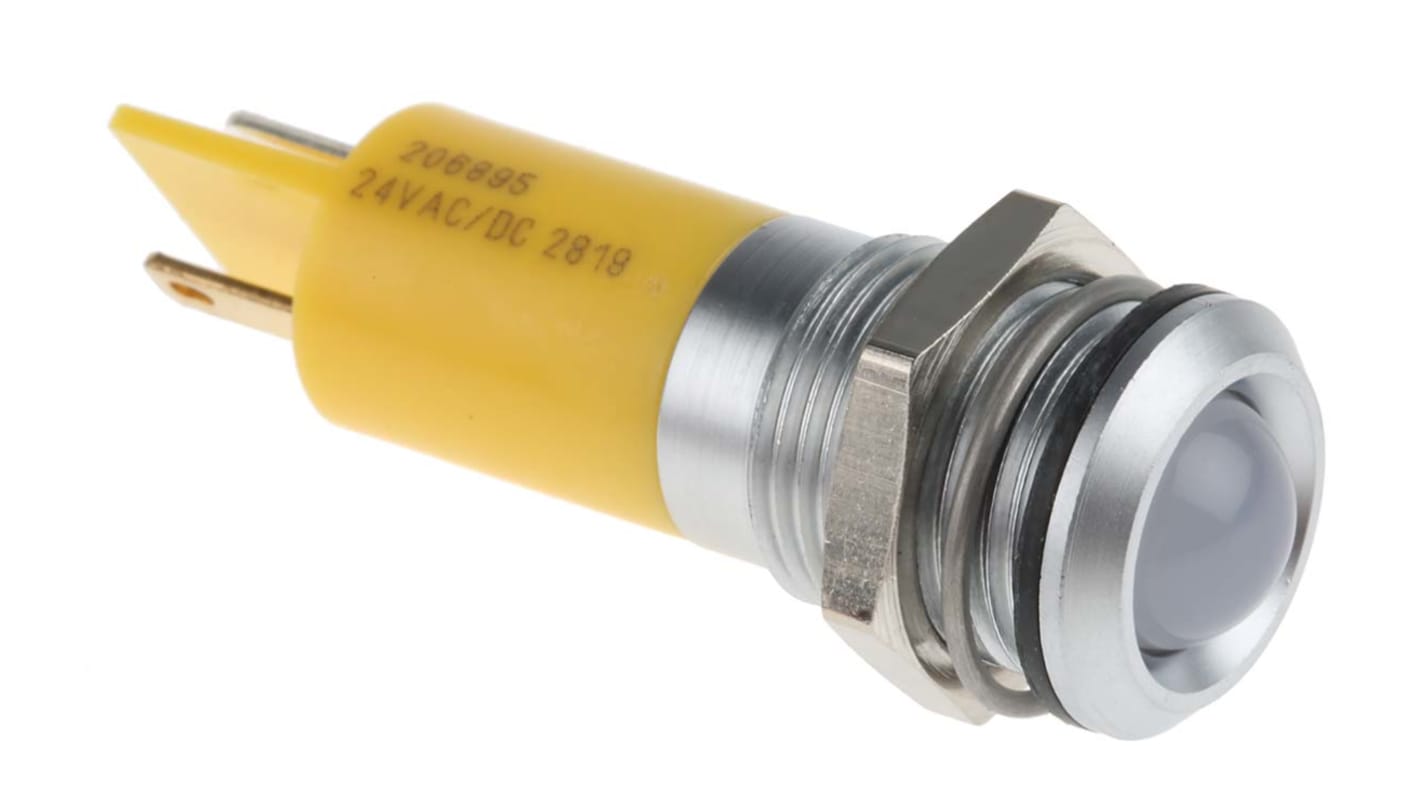 RS PRO Yellow Panel Mount Indicator, 24V ac/dc, 14mm Mounting Hole Size, Solder Tab Termination, IP67