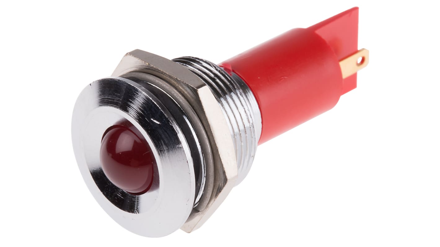 RS PRO 红色LED面板指示灯, 24V 交流/直流, 20mA, Φ19mm安装孔, 焊片端接, 凸型边框, 铬色边框, IP67