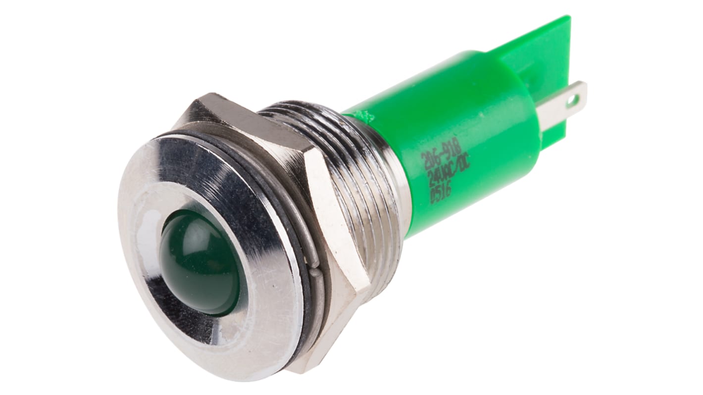 RS PRO 绿色LED面板指示灯, 24V, 20mA, Φ19mm安装孔, 焊片端接, 凸型边框, 铬色边框, IP67