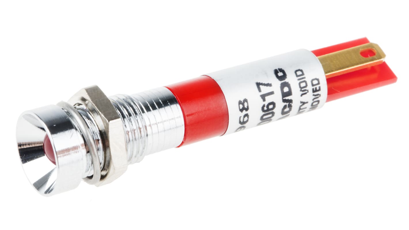 RS PRO 红色LED面板指示灯, 24V 交流, 20mA, Φ8mm安装孔, 焊片端接, 凹入式边框, 铬色边框
