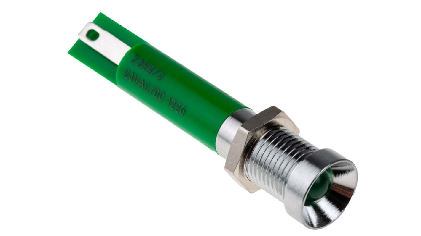 Indicatore da pannello RS PRO Verde  a LED, 24V ca, Ad incasso, foro da 8mm