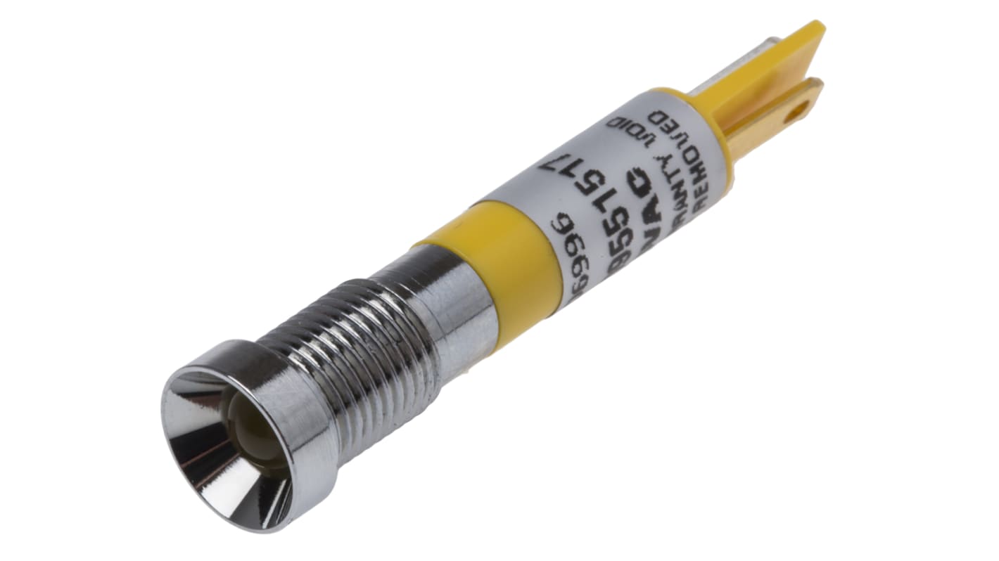 RS PRO Gul Lysdiode Panelmonteret kontrollampe 8mm hulstr., Forsænket, Loddeflig, 24V ac, Krom frontramme
