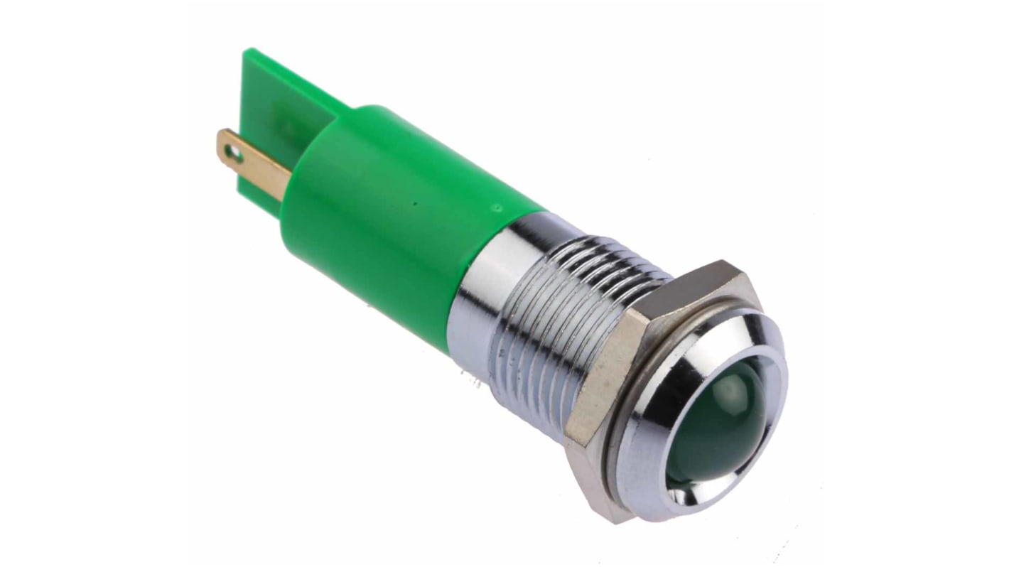 RS PRO 绿色LED面板指示灯, 24V 直流, 16 → 20mA, Φ14mm安装孔, 凸型边框, 铬色边框, IP67