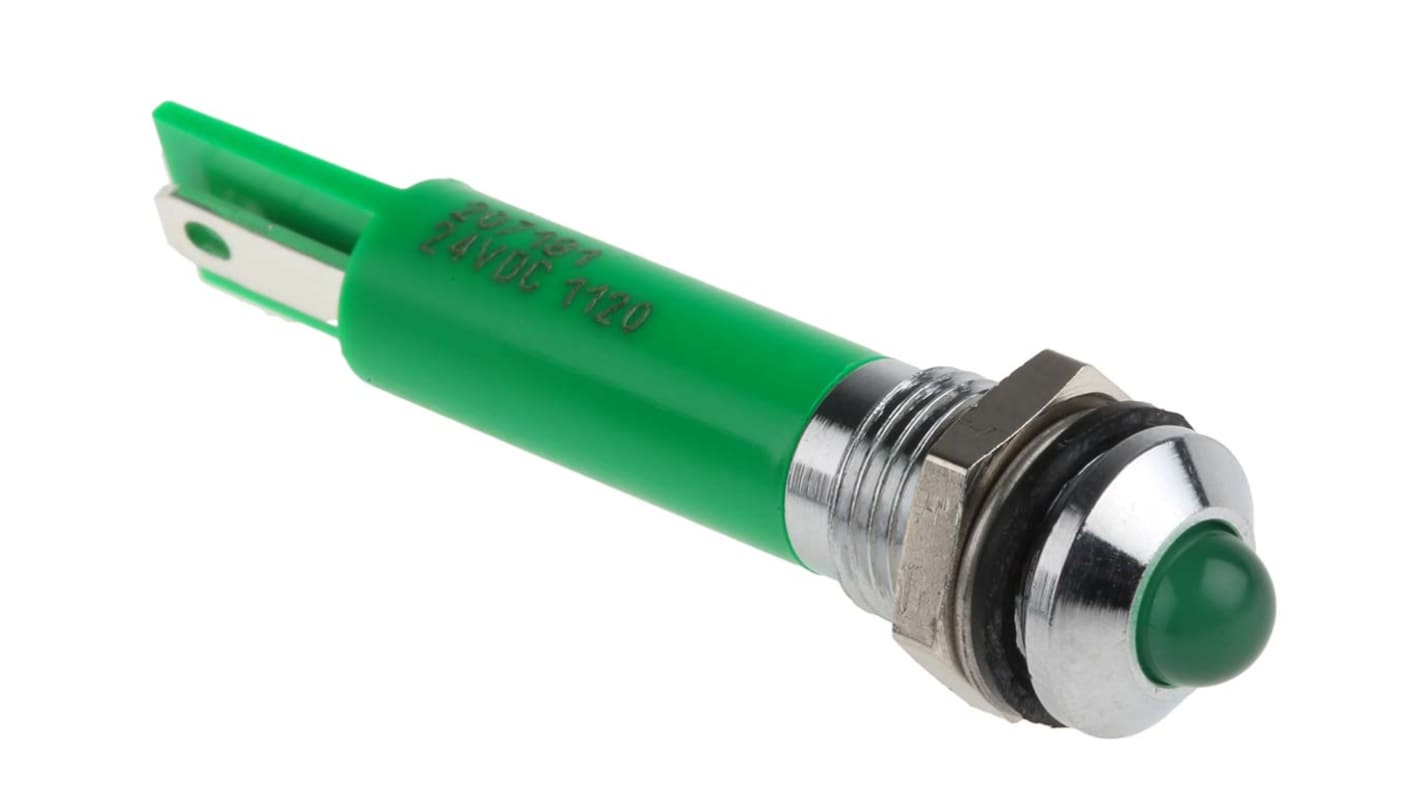 RS PRO Green Panel Mount Indicator, 24V dc, 8mm Mounting Hole Size, Solder Tab Termination