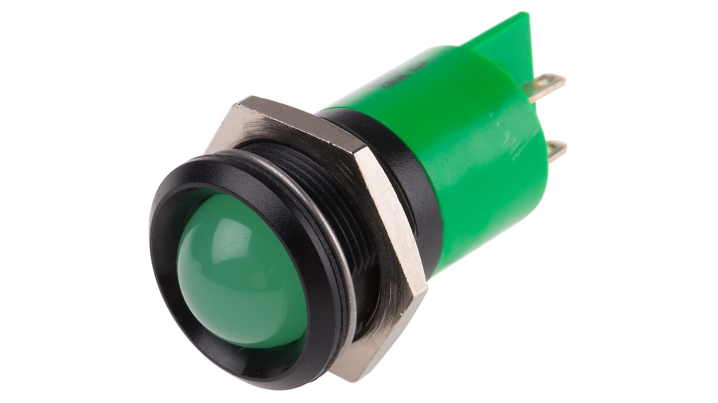 Indicador LED RS PRO, Verde, lente prominente, marco Negro, Ø montaje 22mm, 230V ac, 3mA, 95mcd, IP67