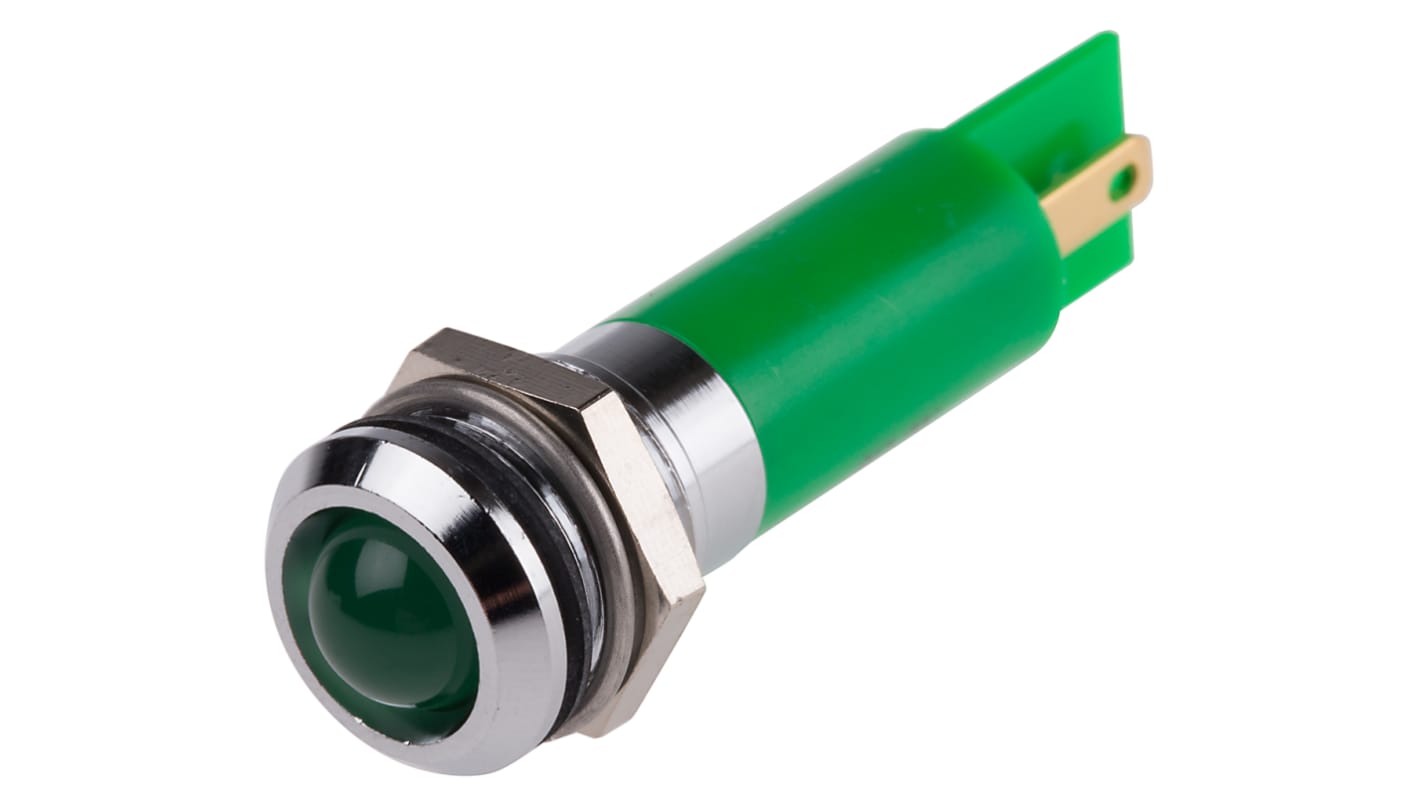 RS PRO 绿色LED面板指示灯, 230V 交流, 3mA, Φ12mm安装孔, 凸型边框, 铬色边框, IP67