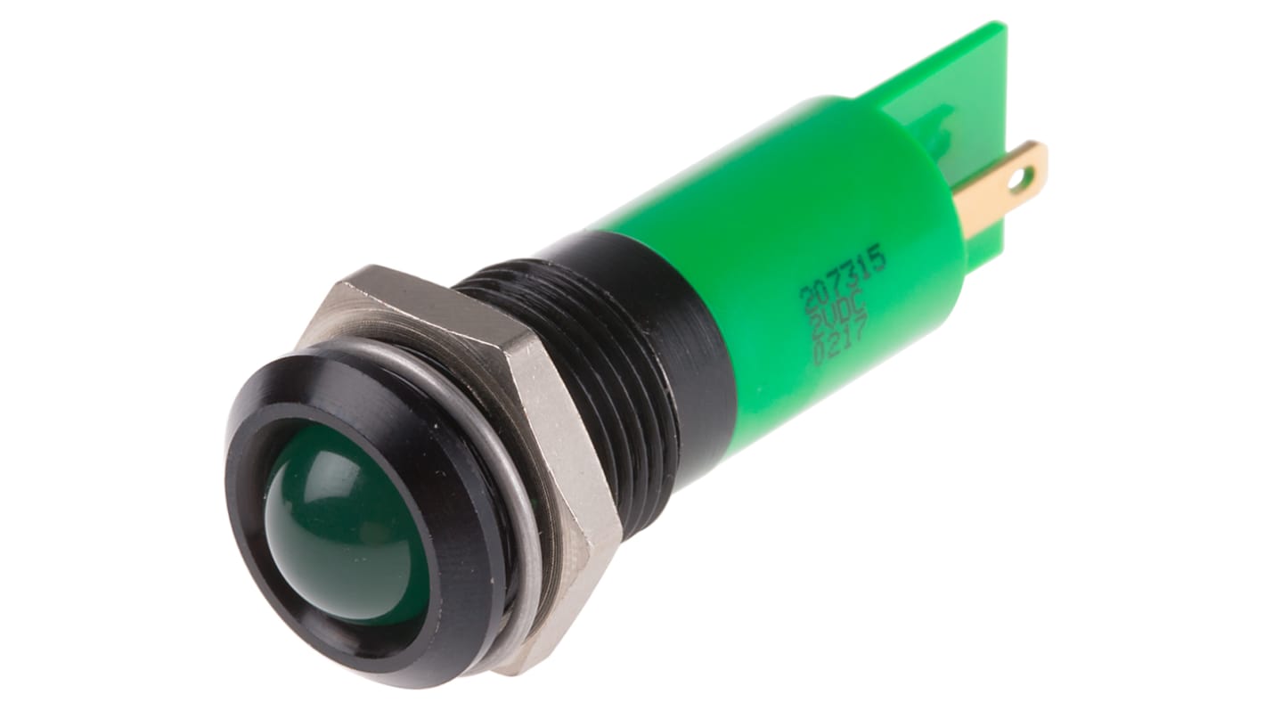 RS PRO Green Panel Mount Indicator, 2V dc, 14mm Mounting Hole Size, Solder Tab Termination