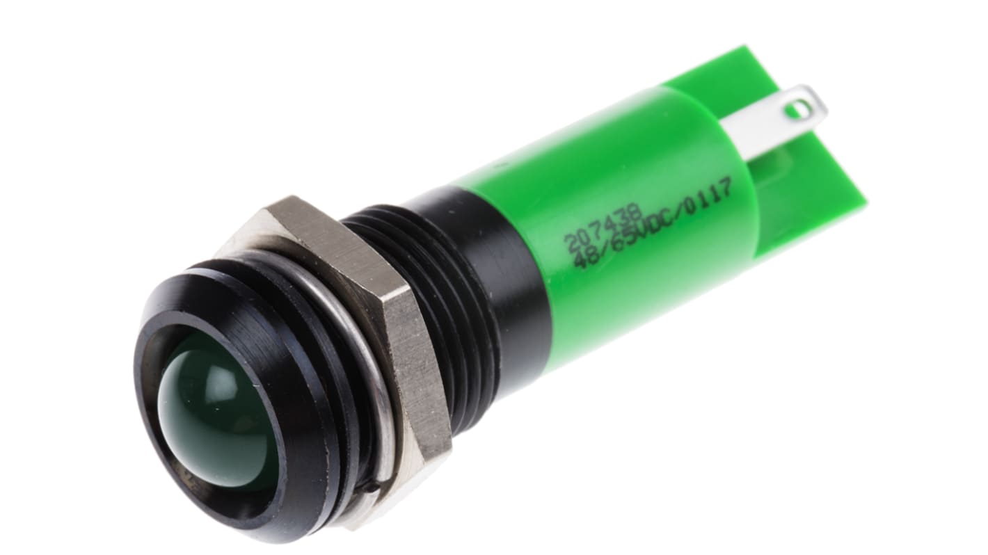 RS PRO 绿色LED面板指示灯, 48 → 65V 直流, 16mA, Φ14mm安装孔, 凸型边框, 黑色边框