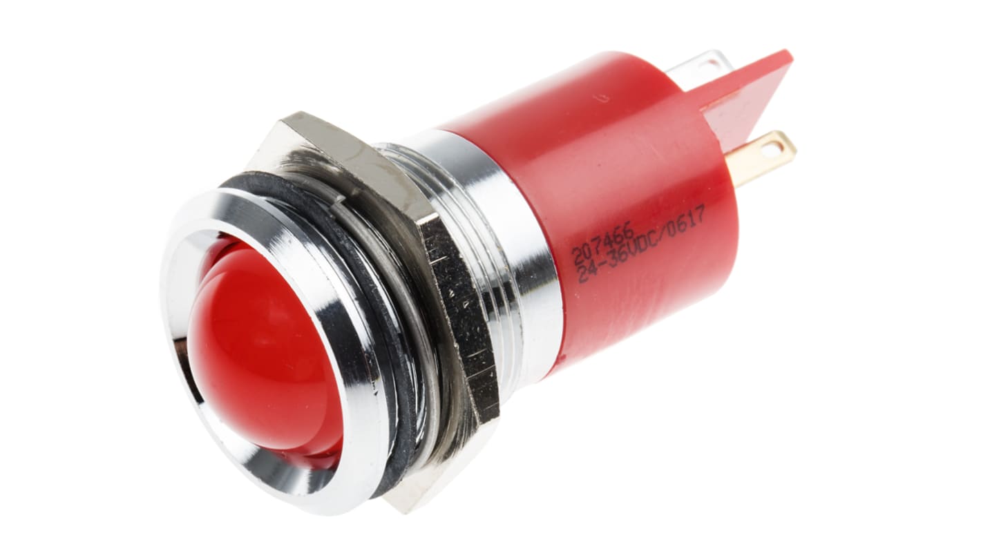RS PRO 红色LED面板指示灯, 24 → 36V 直流, 10mA, Φ22mm安装孔, 凸型边框, 铬色边框