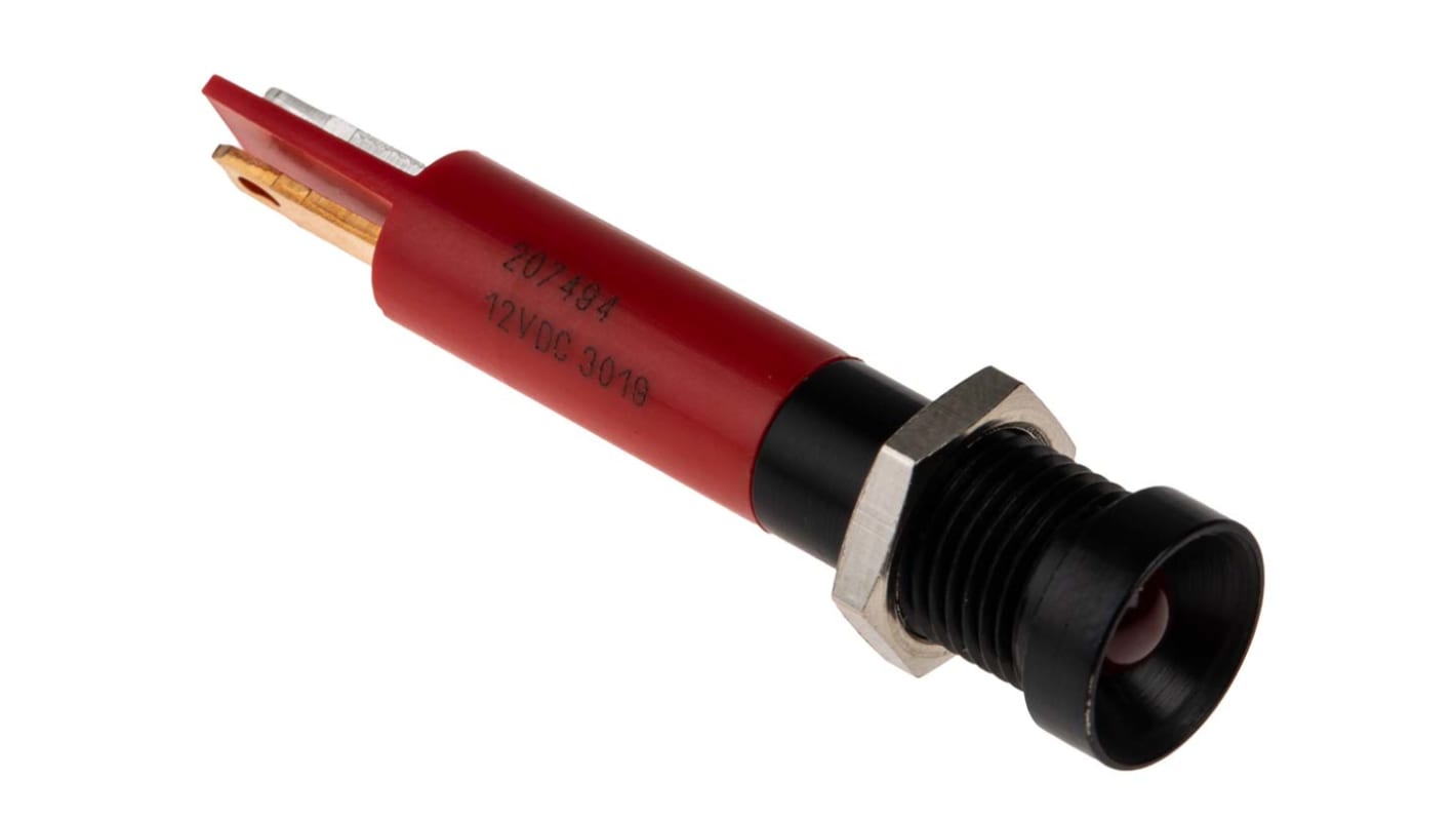 RS PRO Red Panel Mount Indicator, 12V dc, 8mm Mounting Hole Size, Solder Tab Termination