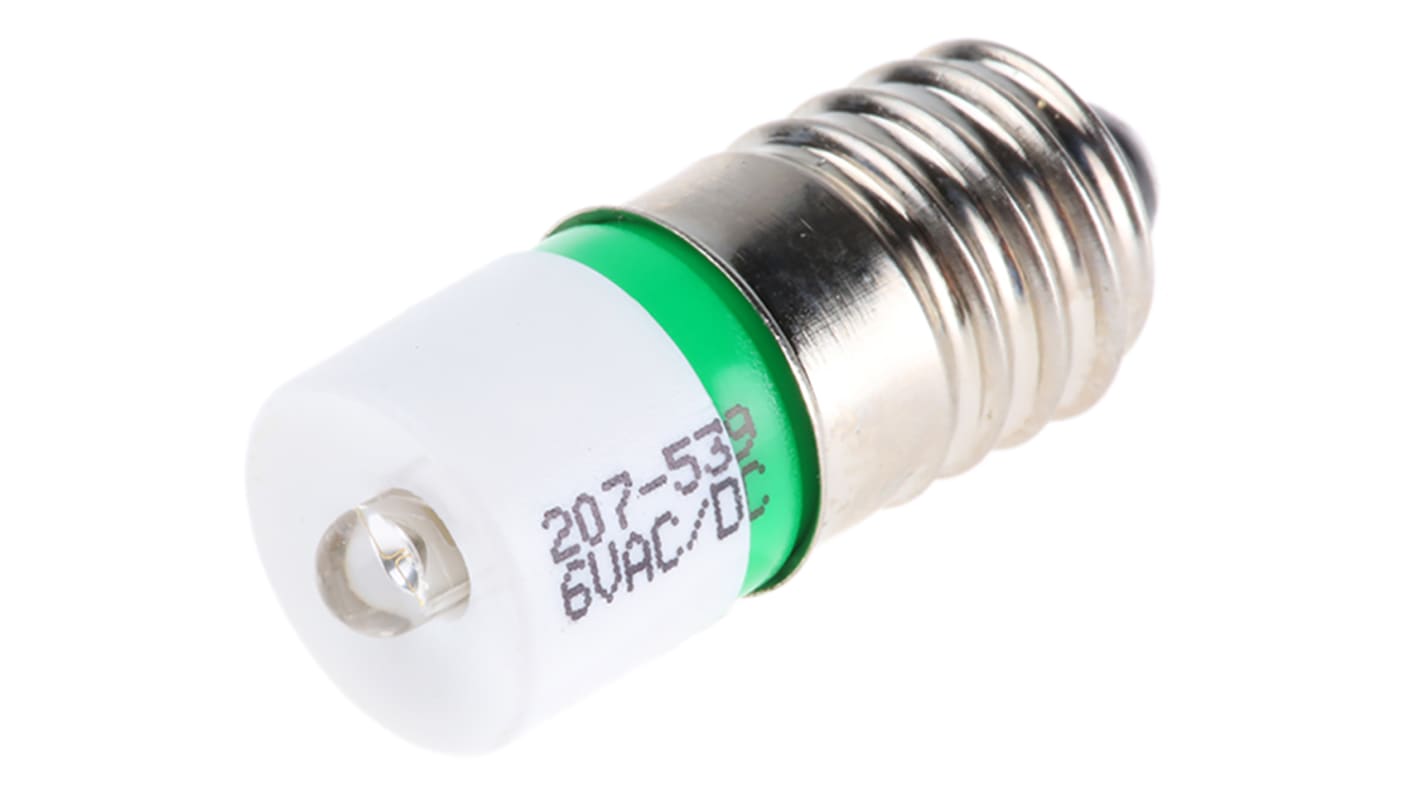 RS PRO Green LED Indicator Lamp, 6V ac/dc, E10 Base, 10mm Diameter, 1610mcd