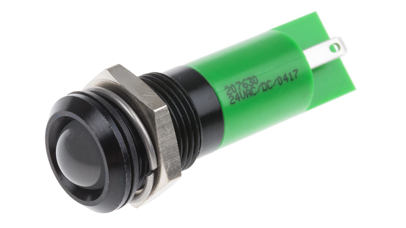 RS PRO Green Panel Mount Indicator, 24V ac/dc, 14mm Mounting Hole Size, Solder Tab Termination, IP67