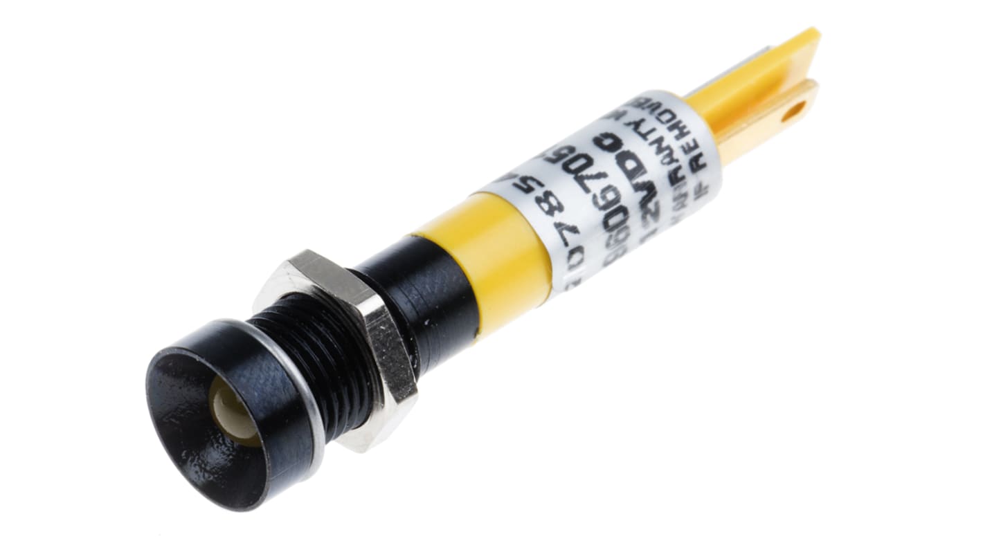 RS PRO Yellow Panel Mount Indicator, 12V dc, 8mm Mounting Hole Size, Solder Tab Termination