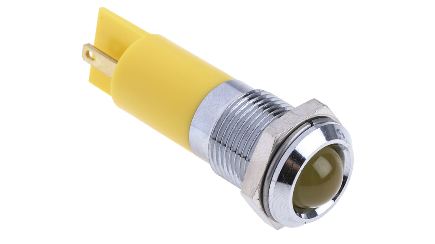 RS PRO 黄色LED面板指示灯, 24V 直流, 20mA, Φ14mm安装孔, 焊片端接, 凸型边框, 铬色边框