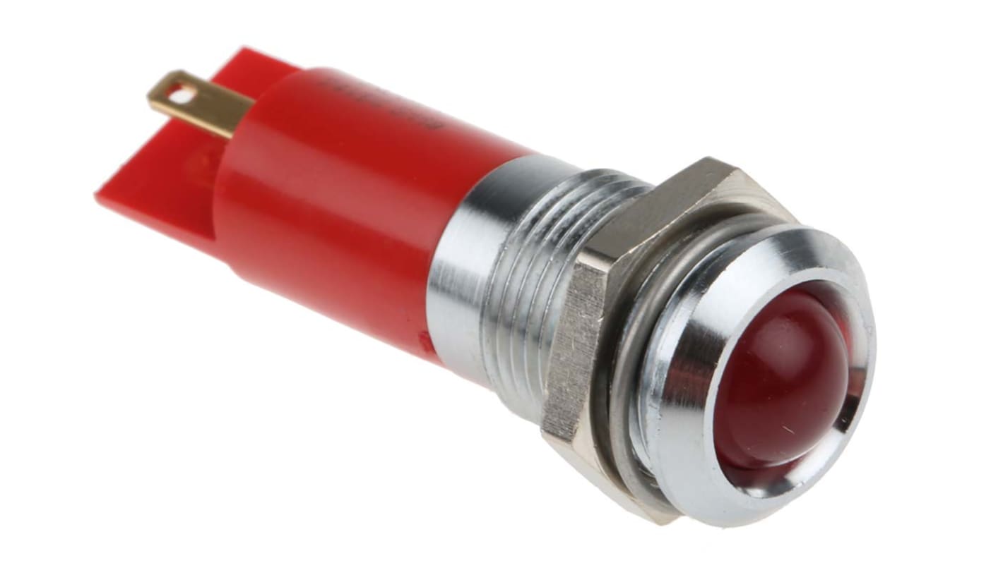 Indicador LED RS PRO, Rojo, lente prominente, marco Cromo, Ø montaje 14mm, 24V dc, 20mA, 250mcd