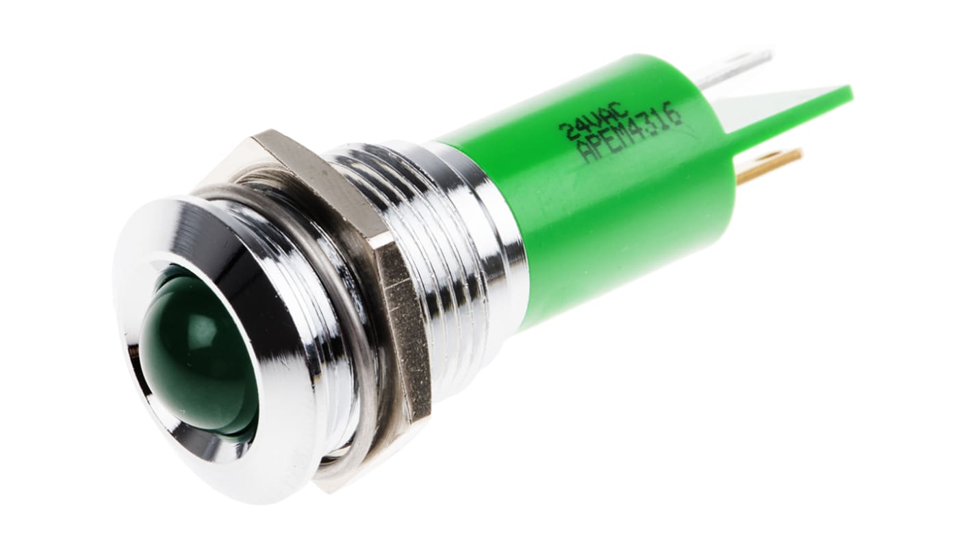 Indicatore da pannello RS PRO Verde  a LED, 24V ca/cc, Sporgente, foro da 16mm