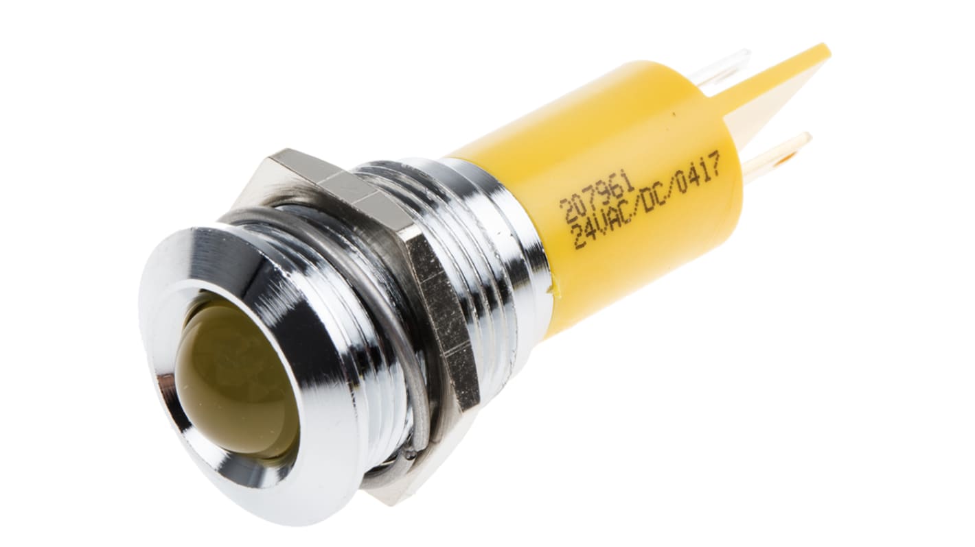 RS PRO 黄色LED面板指示灯, 24V 交流/直流, 20mA, Φ16mm安装孔, 焊片端接, 凸型边框, 铬色边框