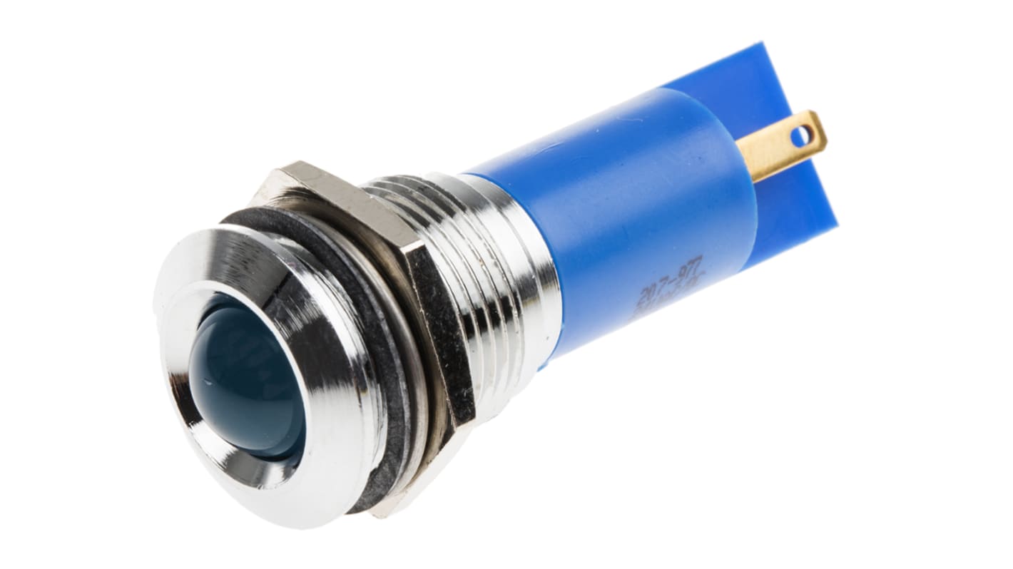 RS PRO 蓝色LED面板指示灯, 24V 交流/直流, 20mA, Φ16mm安装孔, 焊片端接, 凸型边框, 铬色边框