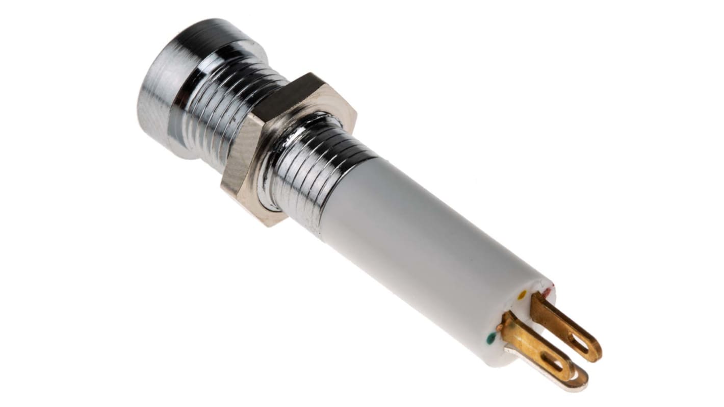 RS PRO 绿色、 红色， 黄色LED面板指示灯, 24V 直流, 20mA, Φ8mm安装孔, 焊片端接, 凹入式边框, 铬色边框