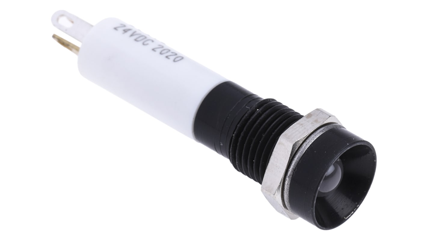 RS PRO 绿色、 红色， 黄色LED面板指示灯, 24V 直流, 20mA, Φ8mm安装孔, 焊片端接, 凹入式边框, 黑色边框