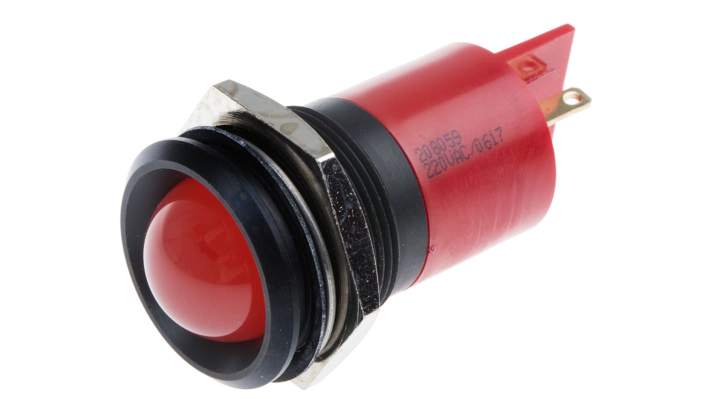 RS PRO 红色LED面板指示灯, 230V 交流, 3mA, Φ22mm安装孔, 凸型边框, 黑色边框