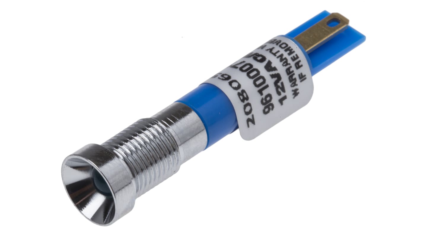 RS PRO Blue Panel Mount Indicator, 12V dc, 8mm Mounting Hole Size, Solder Tab Termination, IP67