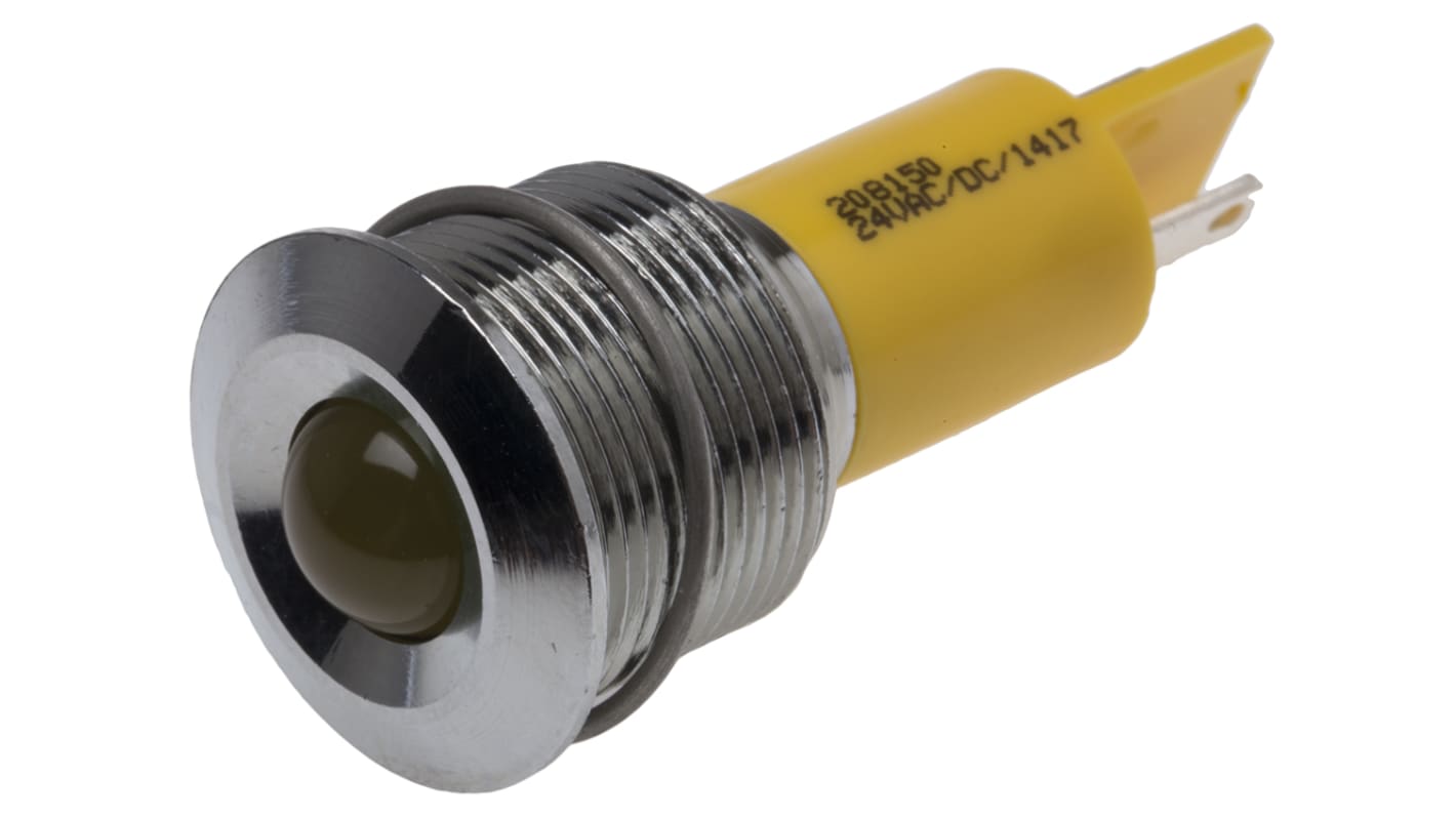 RS PRO Yellow Panel Mount Indicator, 24V ac/dc, 19mm Mounting Hole Size, Solder Tab Termination, IP67