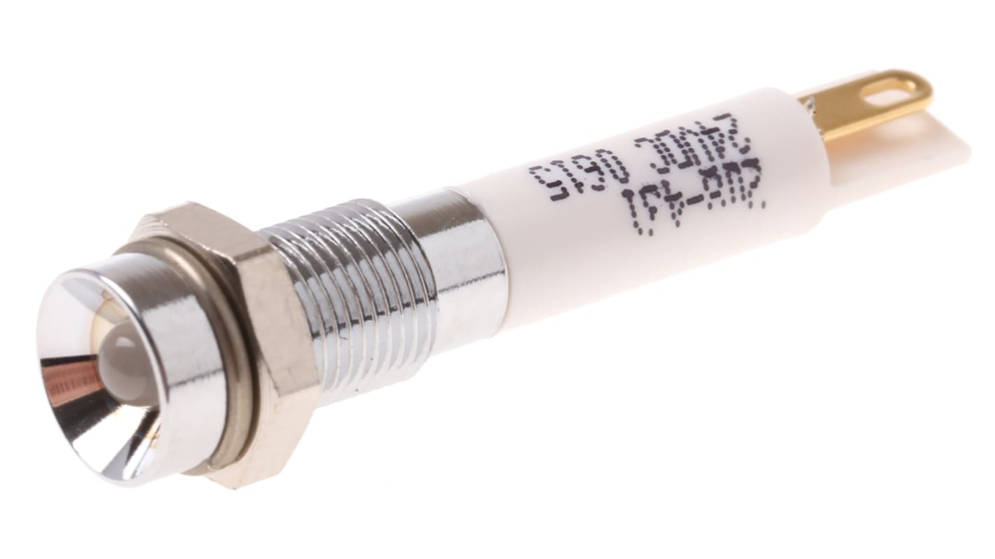 RS PRO 绿色，红色LED面板指示灯, 24V 直流, 20mA, Φ6mm安装孔, 焊片端接, 凹入式边框, 铬色边框