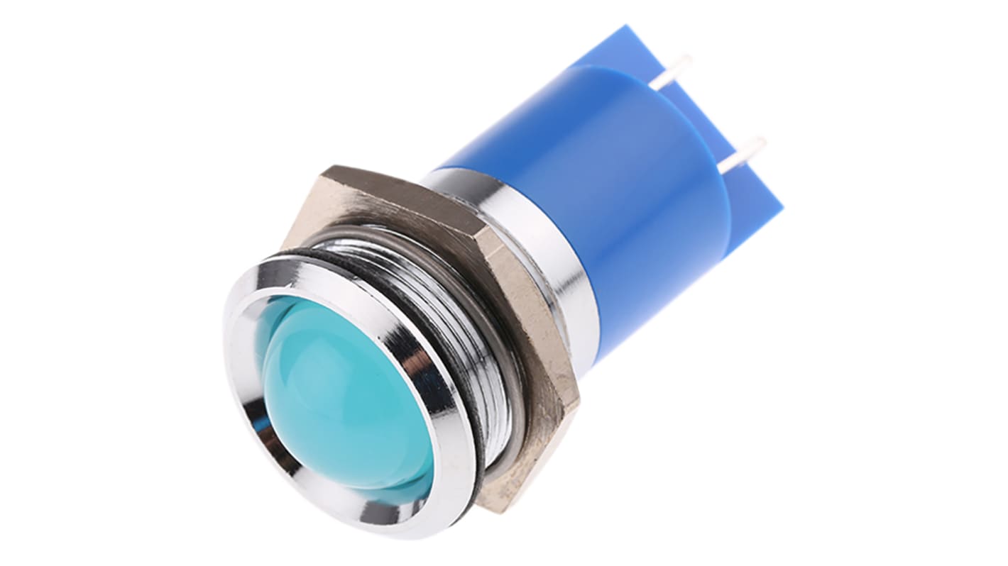 Indicador LED RS PRO, Azul, lente prominente, marco Cromo, Ø montaje 22mm, 230V ac, 3mA, 40mcd, IP67