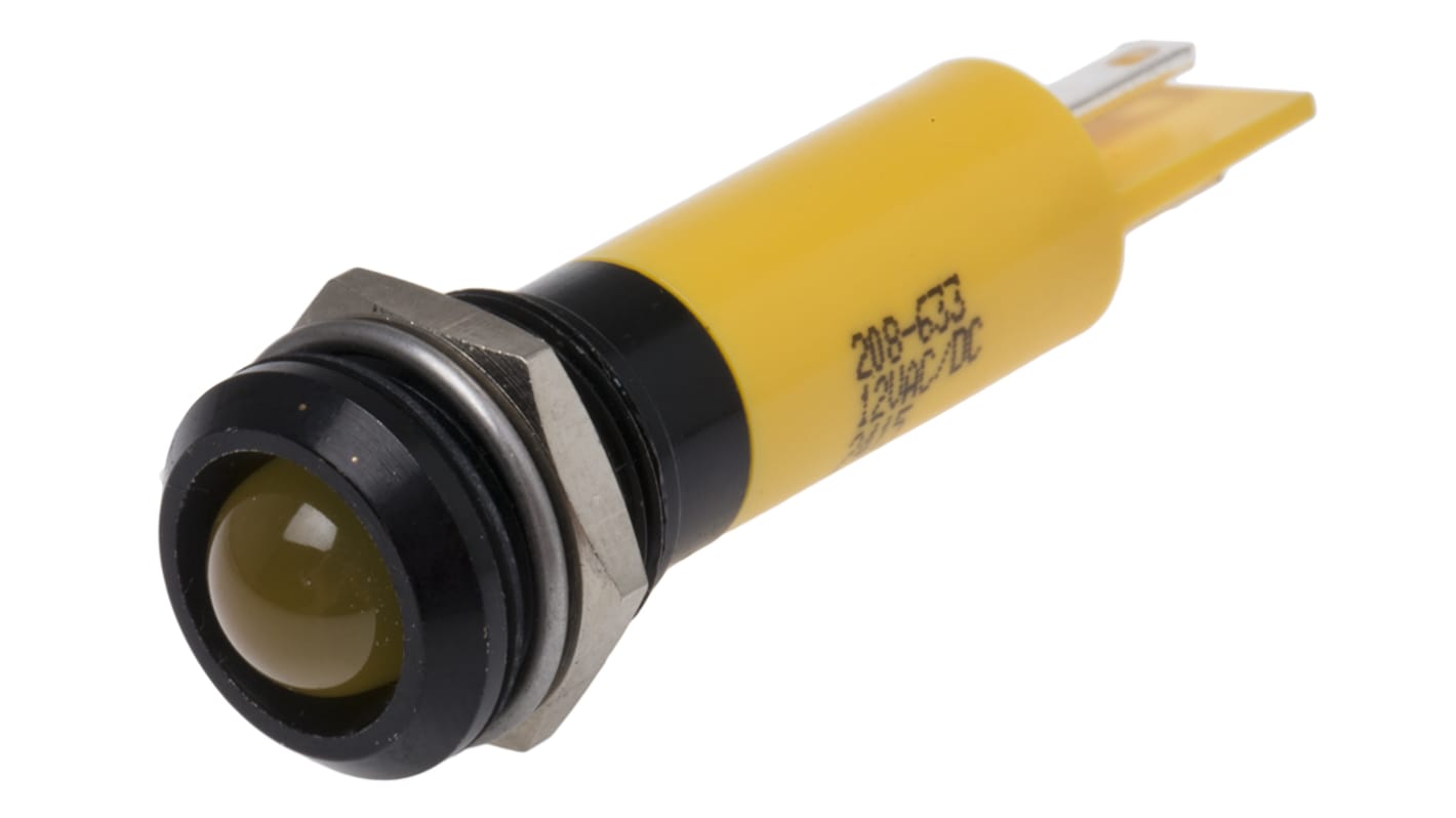 RS PRO 黄色LED面板指示灯, 12V 交流/直流, 20mA, Φ12mm安装孔, 焊片端接, 凸型边框, IP67
