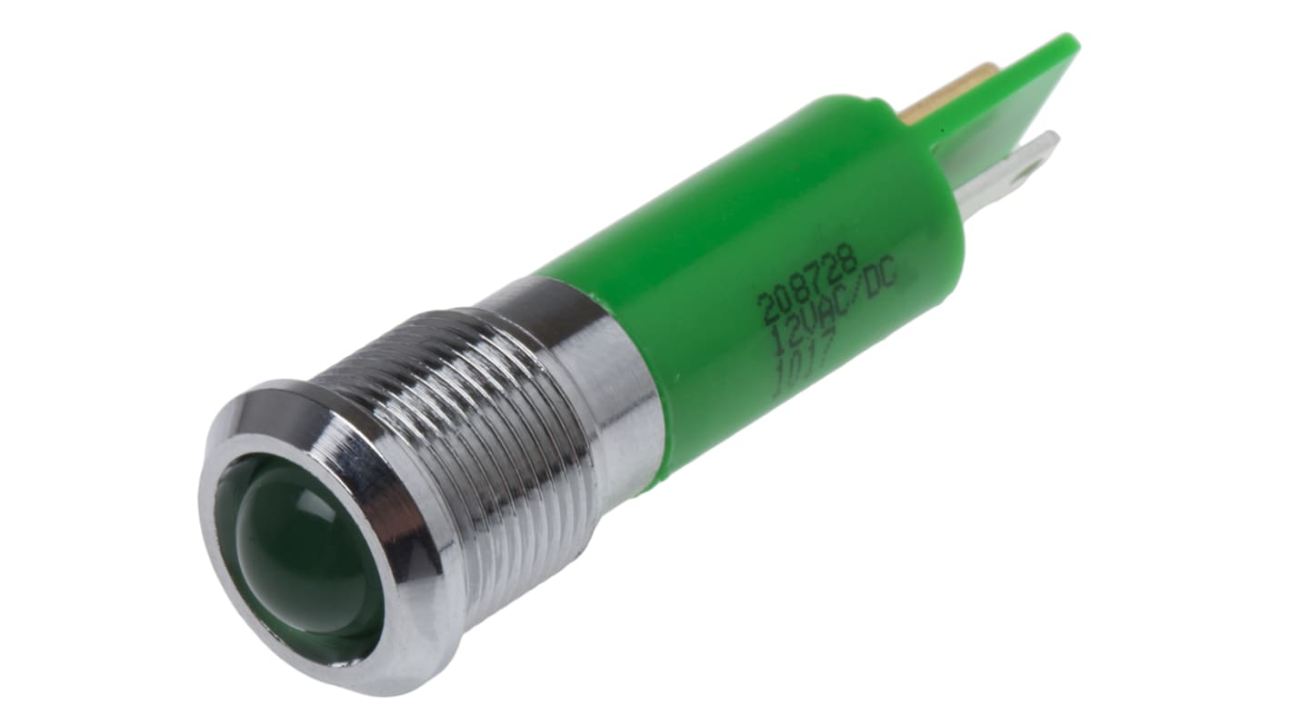 RS PRO 绿色LED面板指示灯, 12V 交流/直流, 20mA, Φ12mm安装孔, 焊片端接, 凸型边框, 铬色边框, IP67