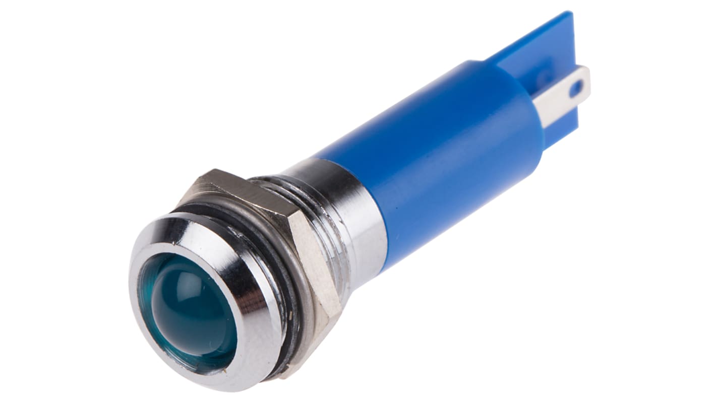 RS PRO 蓝色LED面板指示灯, 12V 交流/直流, 20mA, Φ12mm安装孔, 焊片端接, 凸型边框, 铬色边框, IP67