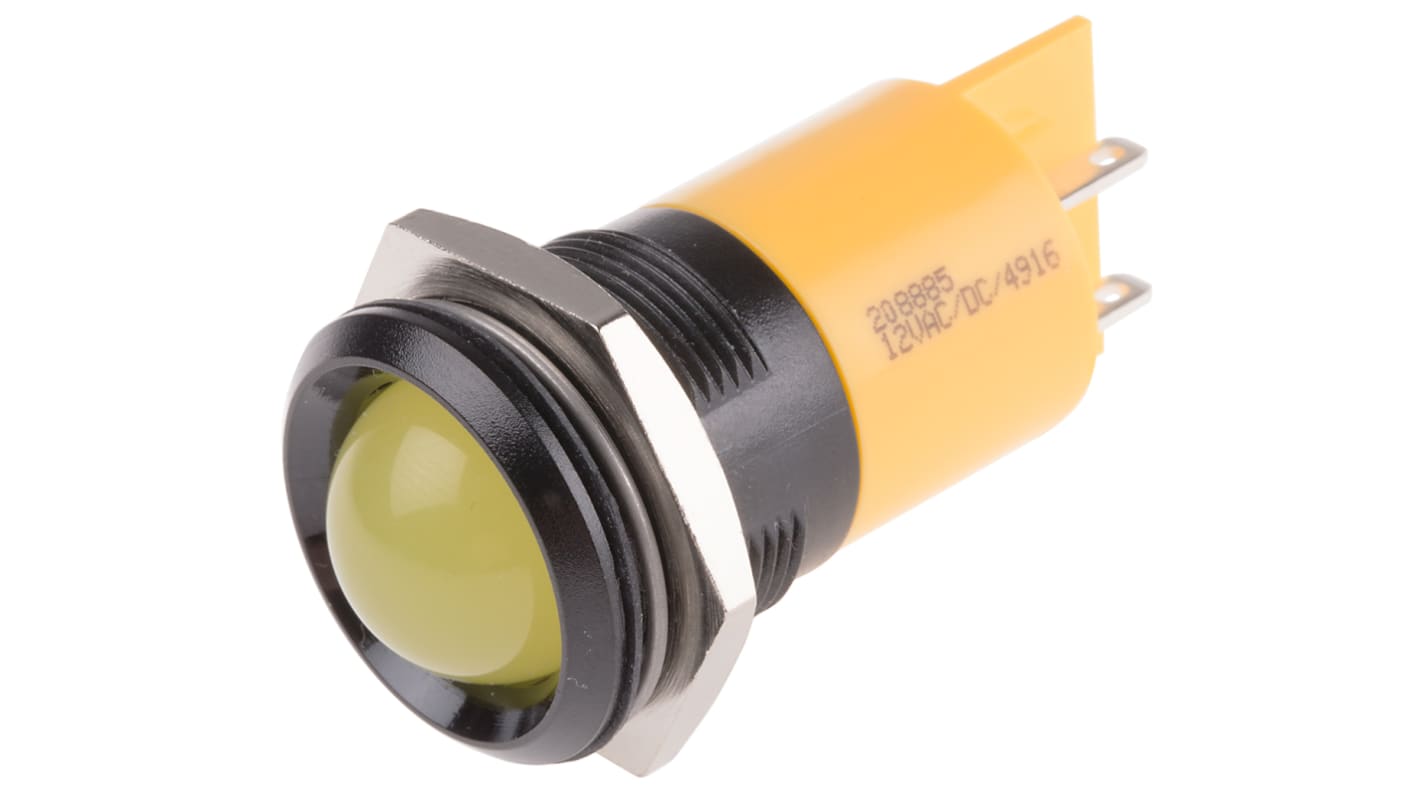 RS PRO Yellow Panel Mount Indicator, 12V ac/dc, 22mm Mounting Hole Size, Solder Tab Termination