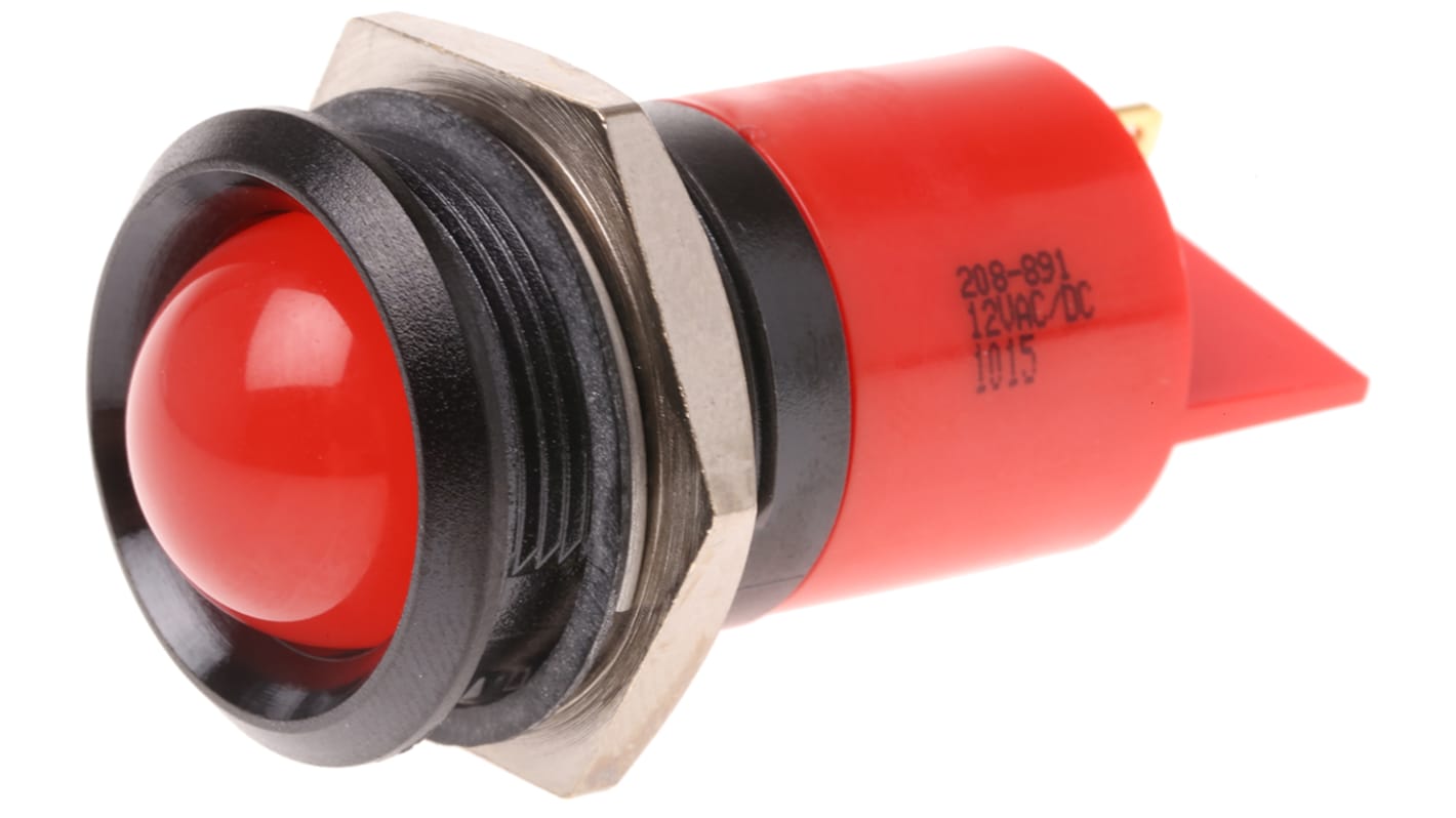 RS PRO Red Panel Mount Indicator, 12V ac/dc, 22mm Mounting Hole Size, Solder Tab Termination