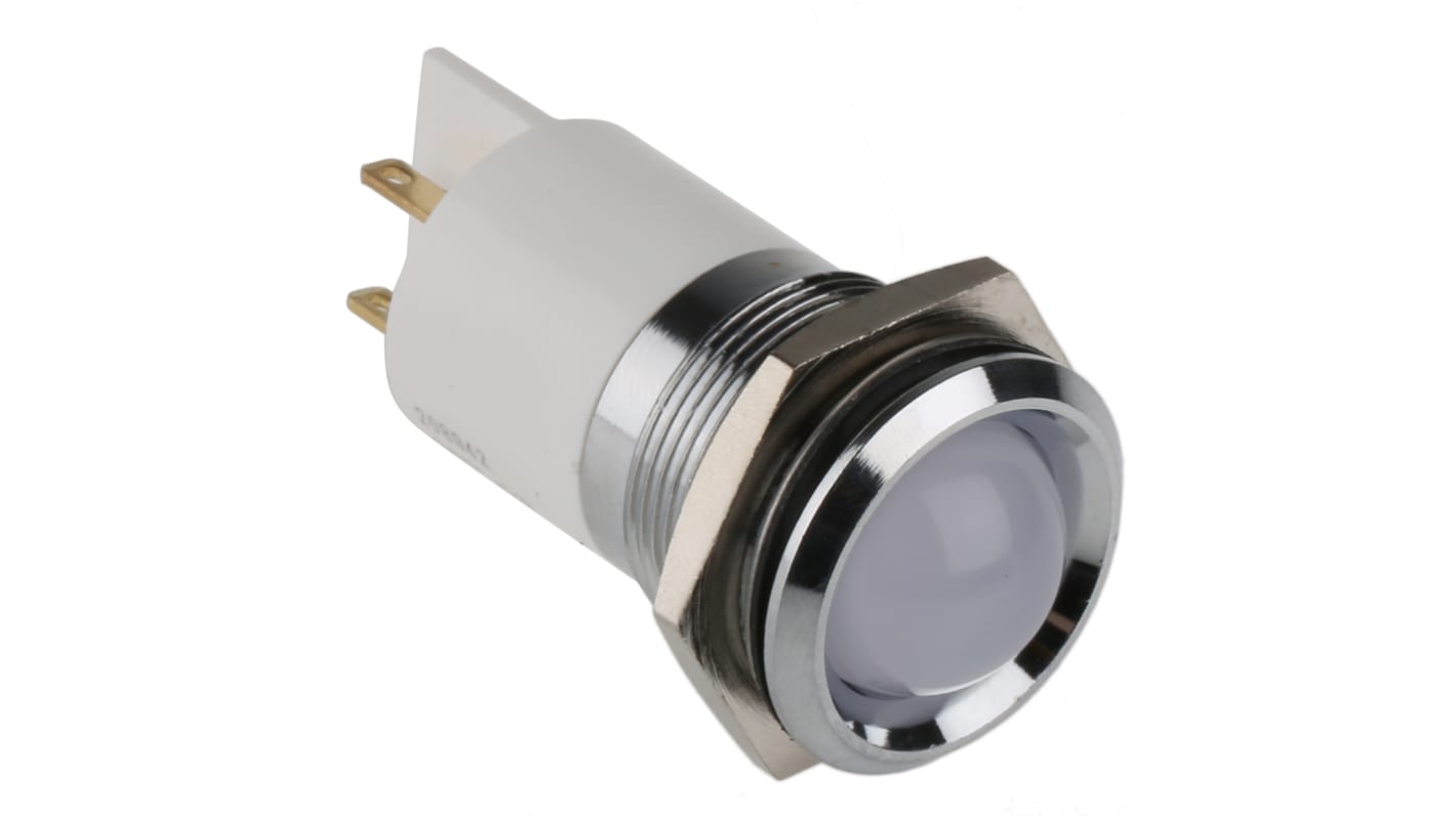 RS PRO 绿色、 红色， 黄色LED面板指示灯, 24V 直流, 20mA, Φ22mm安装孔, 焊片端接, 凸型边框, 铬色边框
