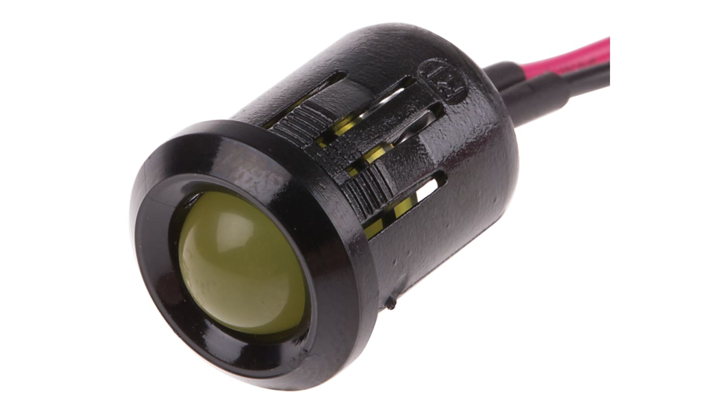 RS PRO Yellow Panel Mount Indicator, 12V dc, 12mm Mounting Hole Size, Lead Wires Termination