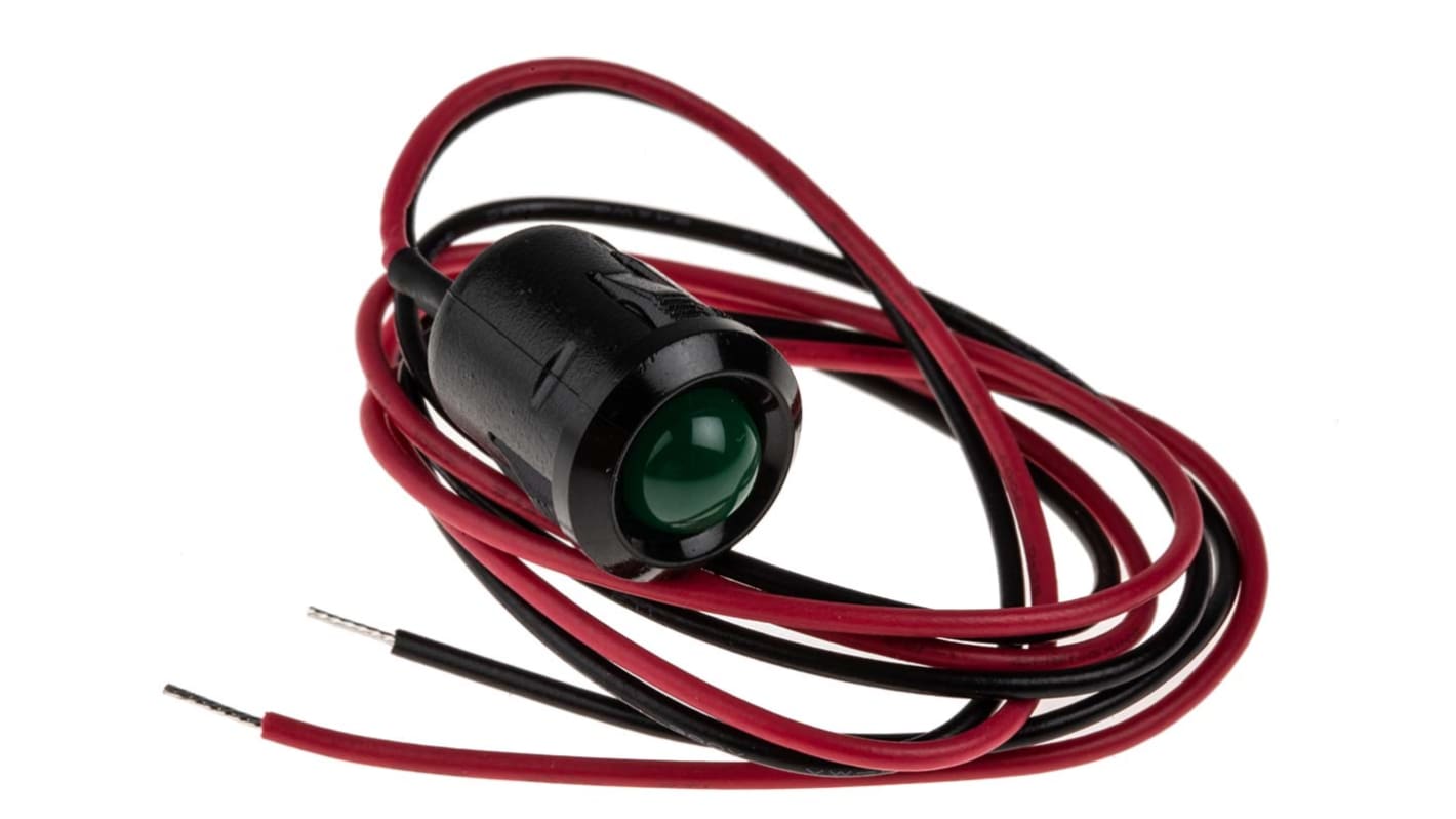 RS PRO Green Panel Mount Indicator, 12V dc, 12mm Mounting Hole Size, Lead Wires Termination